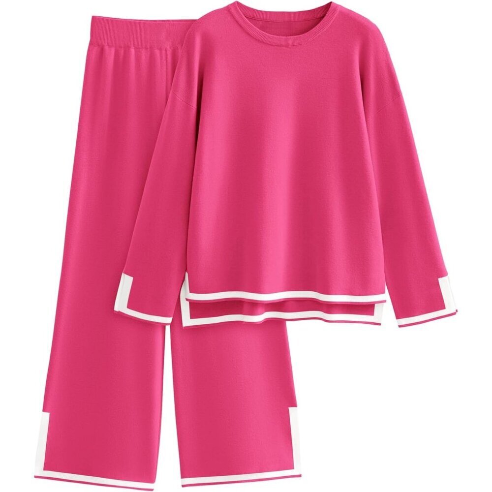 Women's Rose Red Long Sleeve Knit Sweater Top & Wide Leg Pants Lounge Set